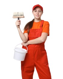 Photo of Professional painter with brush and bucket of paint on white background