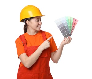 Photo of Professional painter with color selection chart on white background