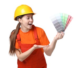 Photo of Professional painter with color selection chart on white background