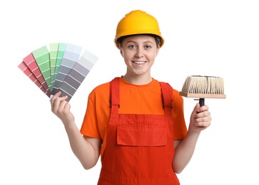 Photo of Professional painter with color selection chart and brush on white background