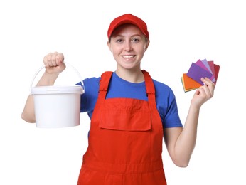 Photo of Professional painter with color samples and bucket of paint on white background