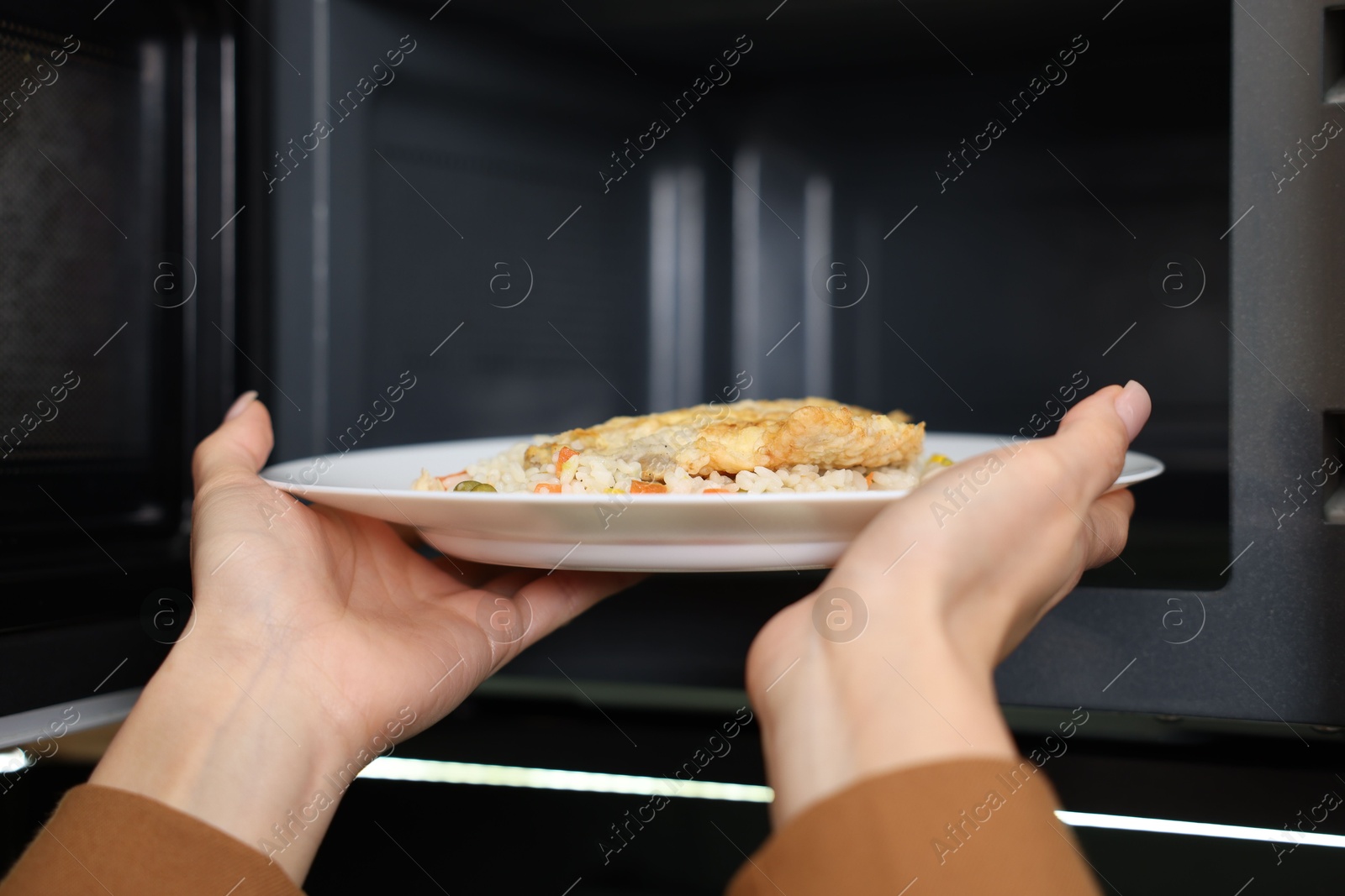 Photo of Woman putting plate with lunch into microwave indoors, closeup