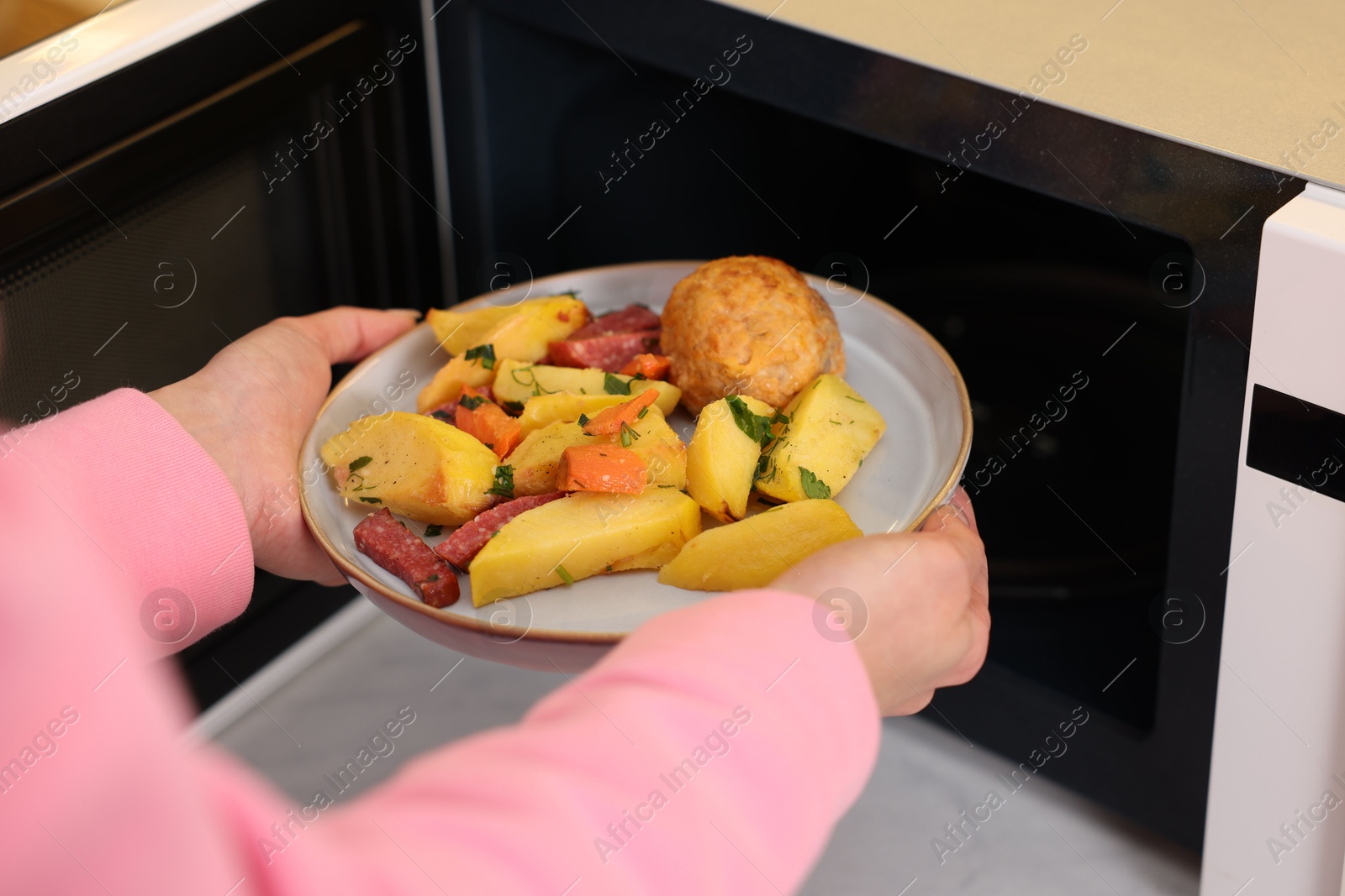 Photo of Woman putting plate with lunch into microwave indoors, closeup