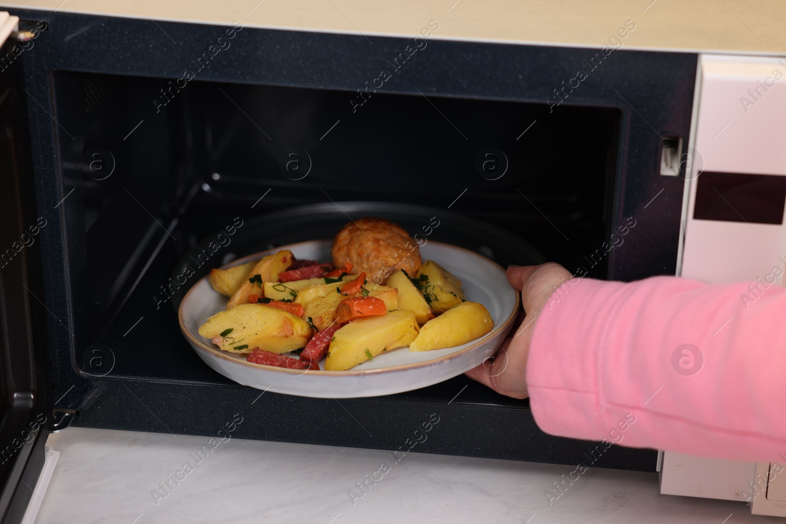 Photo of Woman putting plate with lunch into microwave indoors, closeup