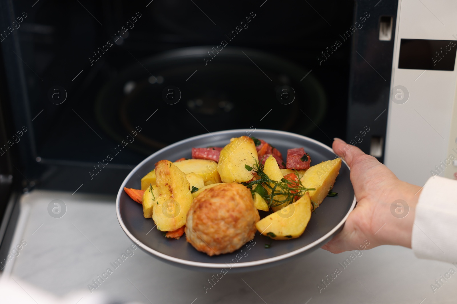 Photo of Woman putting plate with lunch into microwave indoors, closeup