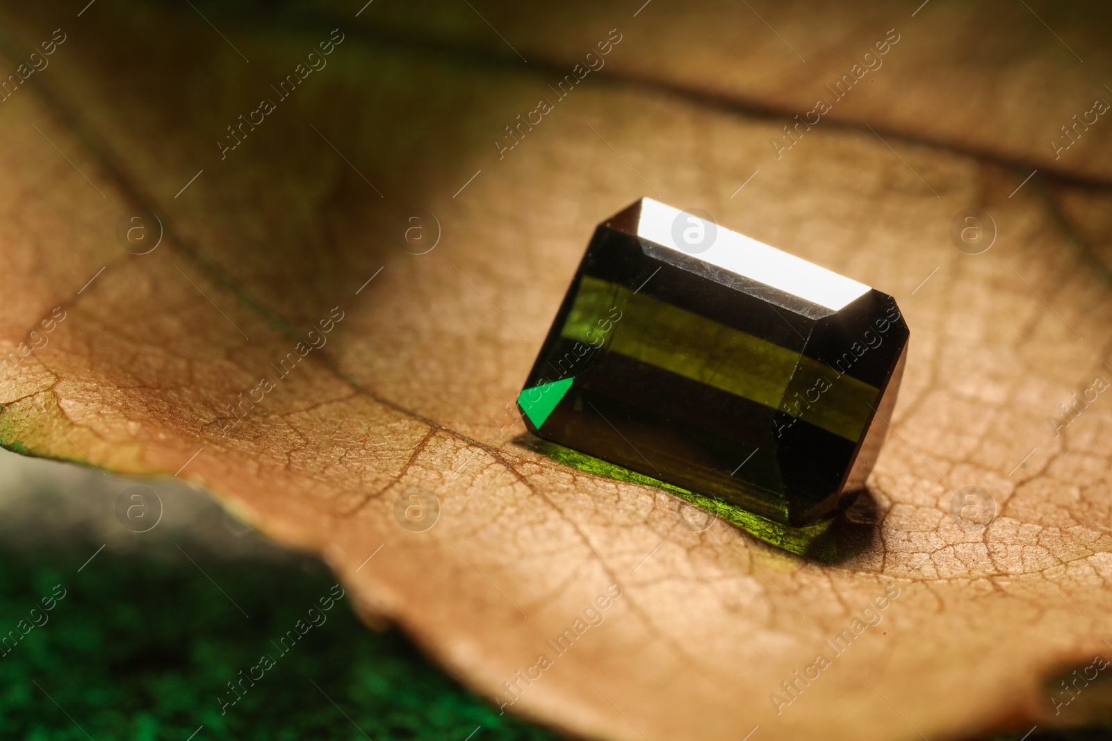 Photo of Shiny green gemstone on dry leaf, closeup