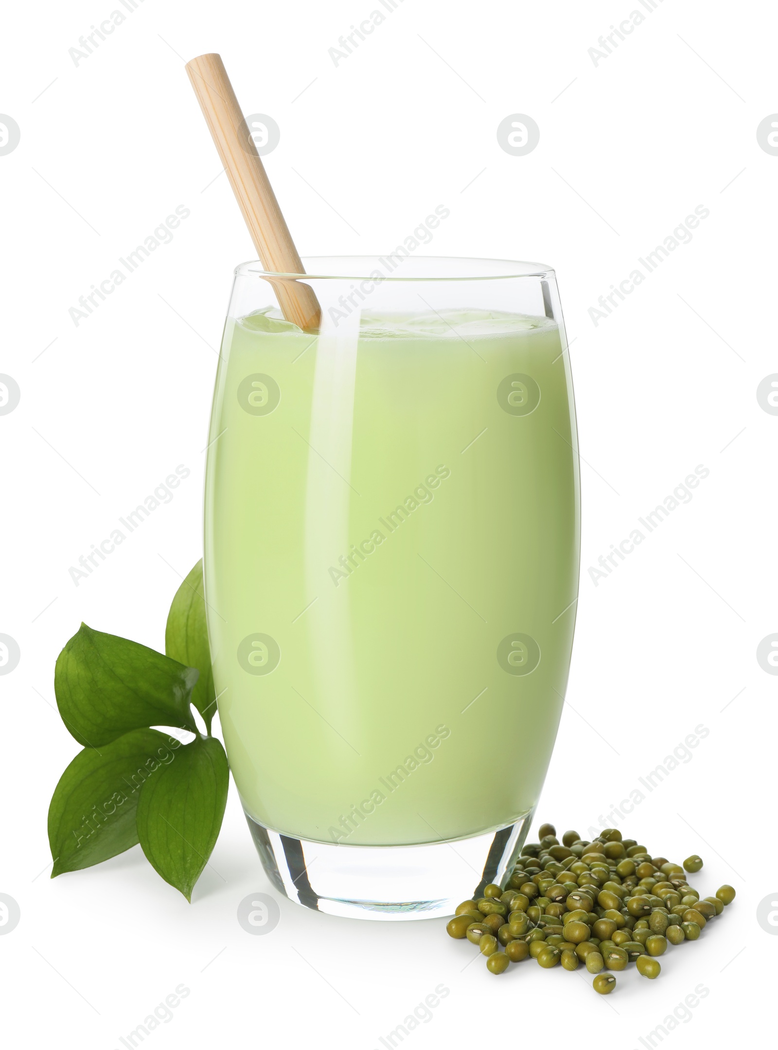 Fresh mung bean juice in glass, seeds and green leaves isolated on white Photo of Fresh mung bean juice in glass, seeds and green leaves isolated on white