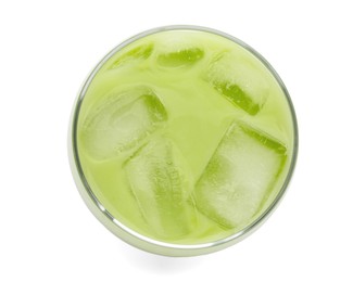 Photo of Fresh mung bean juice in glass isolated on white, top view