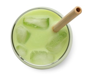 Photo of Fresh mung bean juice in glass isolated on white, top view