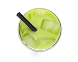 Photo of Fresh mung bean juice in glass isolated on white, top view