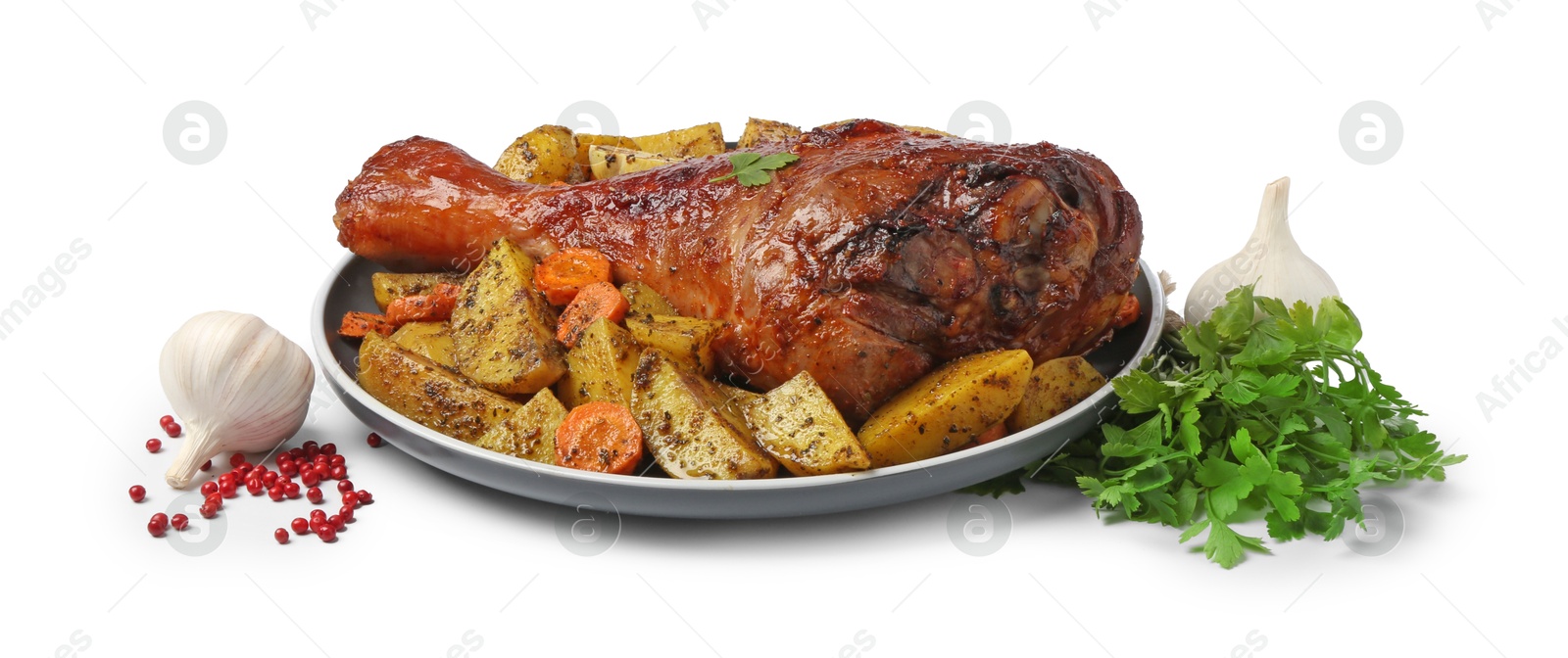 Photo of Baked turkey drumstick, vegetables and spices isolated on white