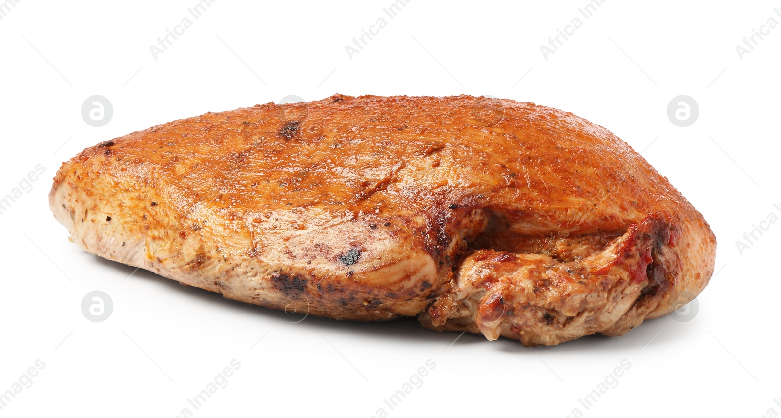 Photo of Piece of delicious baked turkey isolated on white