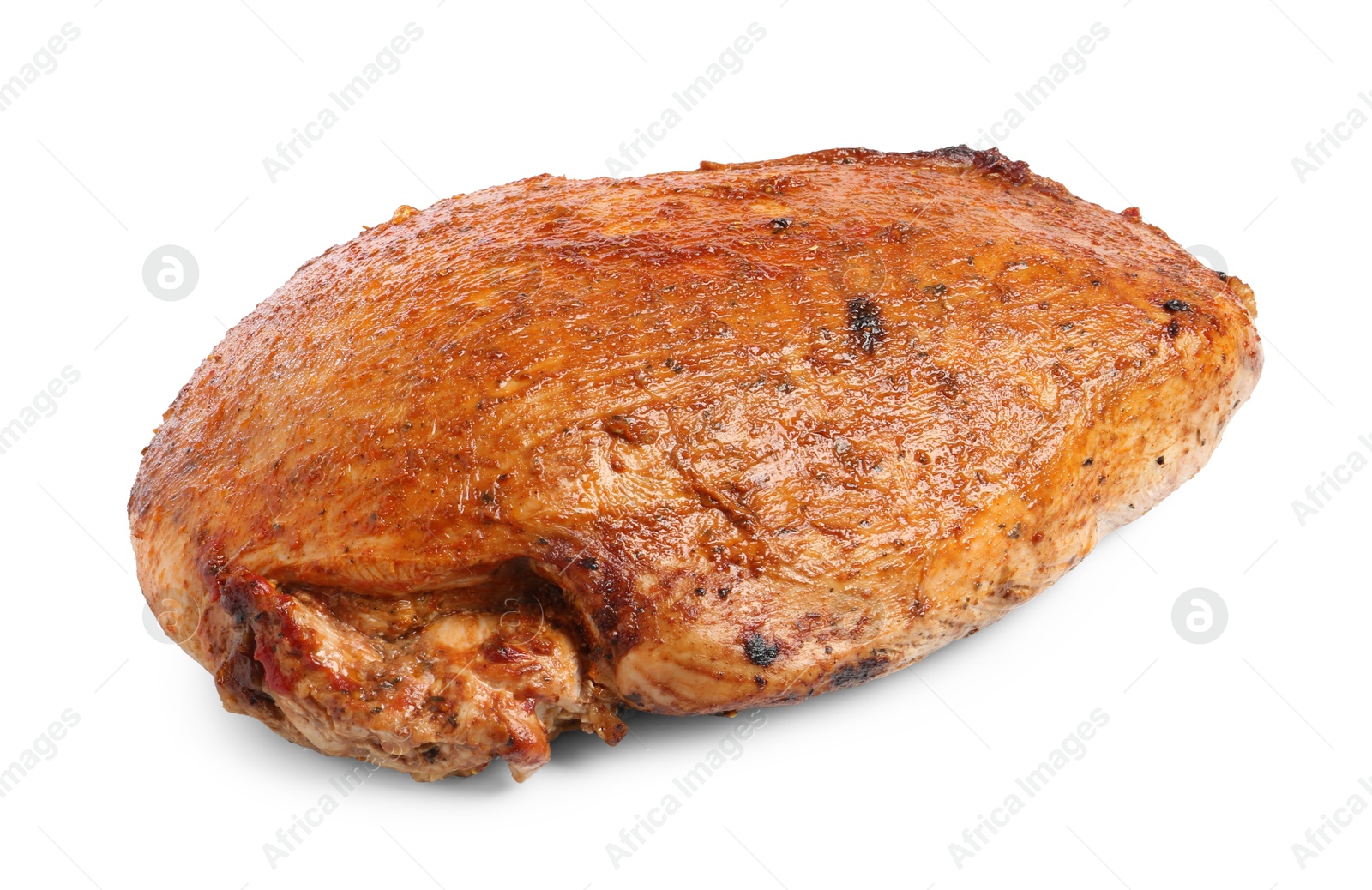 Photo of Piece of delicious baked turkey isolated on white