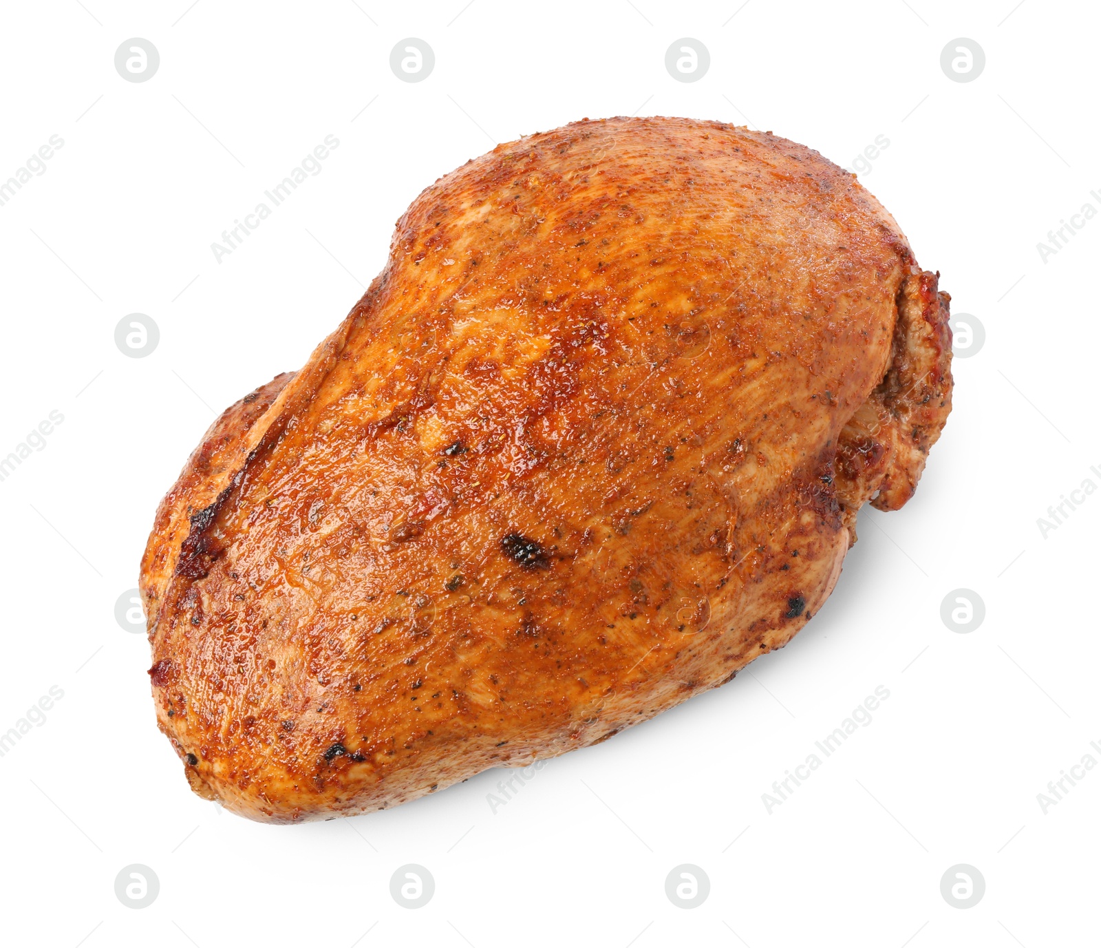 Photo of Piece of delicious baked turkey isolated on white, top view