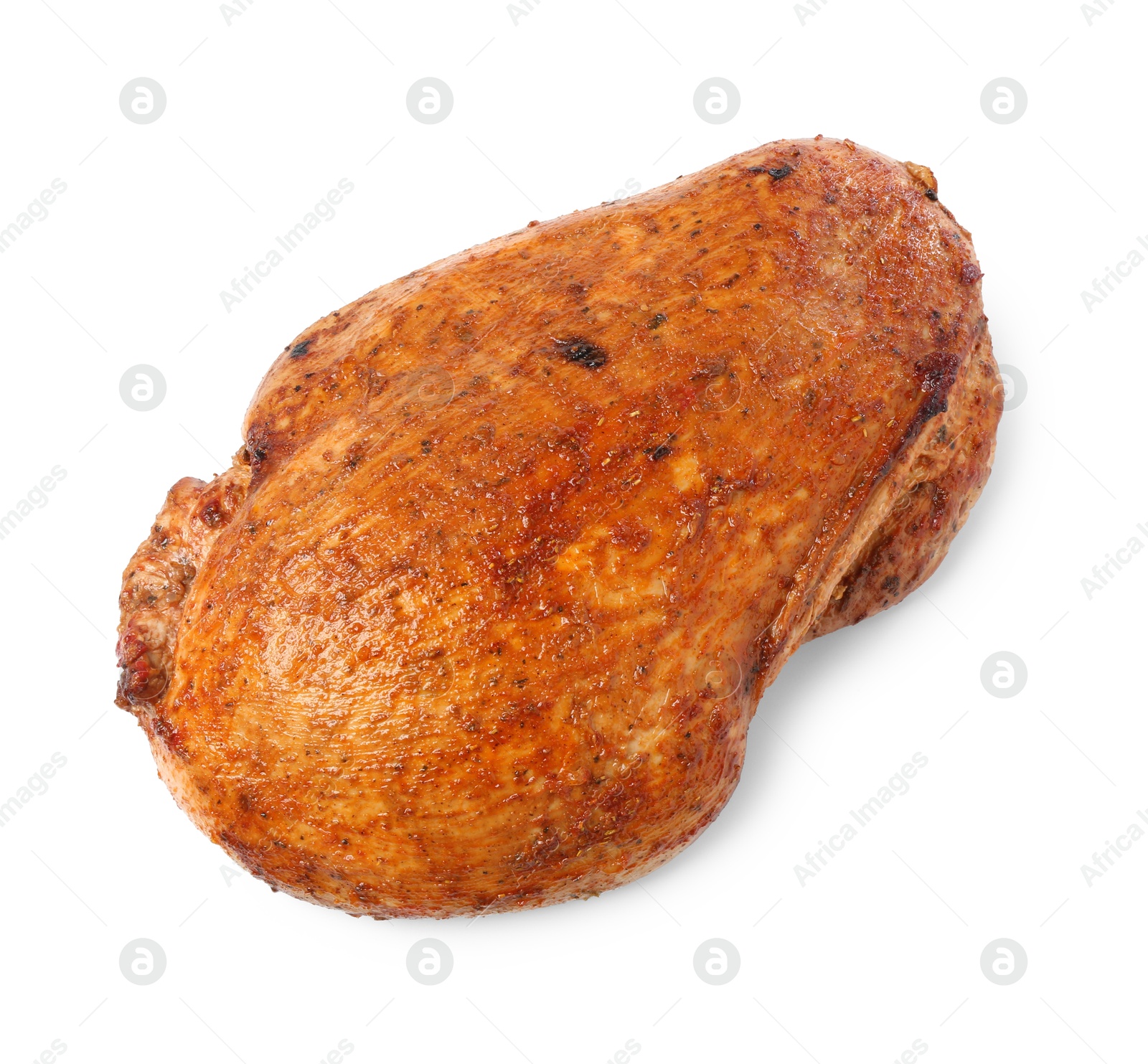 Photo of Piece of delicious baked turkey isolated on white, top view