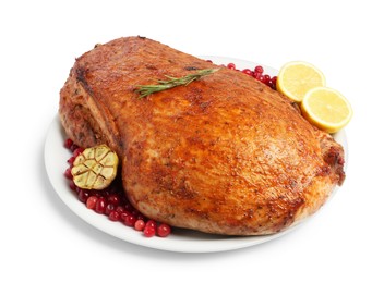 Photo of Piece of delicious baked turkey with cranberries, lemon slices and garlic isolated on white