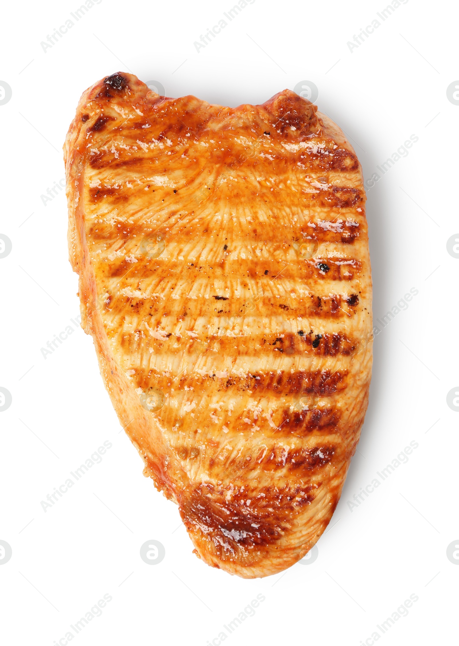 Photo of Delicious grilled turkey breast isolated on white, top view