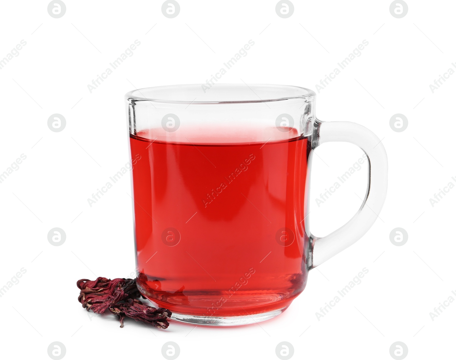 Photo of Delicious hibiscus tea in glass cup and dry roselle sepals isolated on white