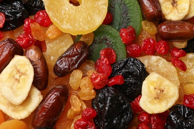 Photo of Mix of different dried fruits as background, closeup