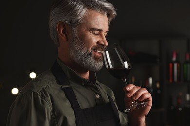 Professional sommelier tasting red wine in glass indoors