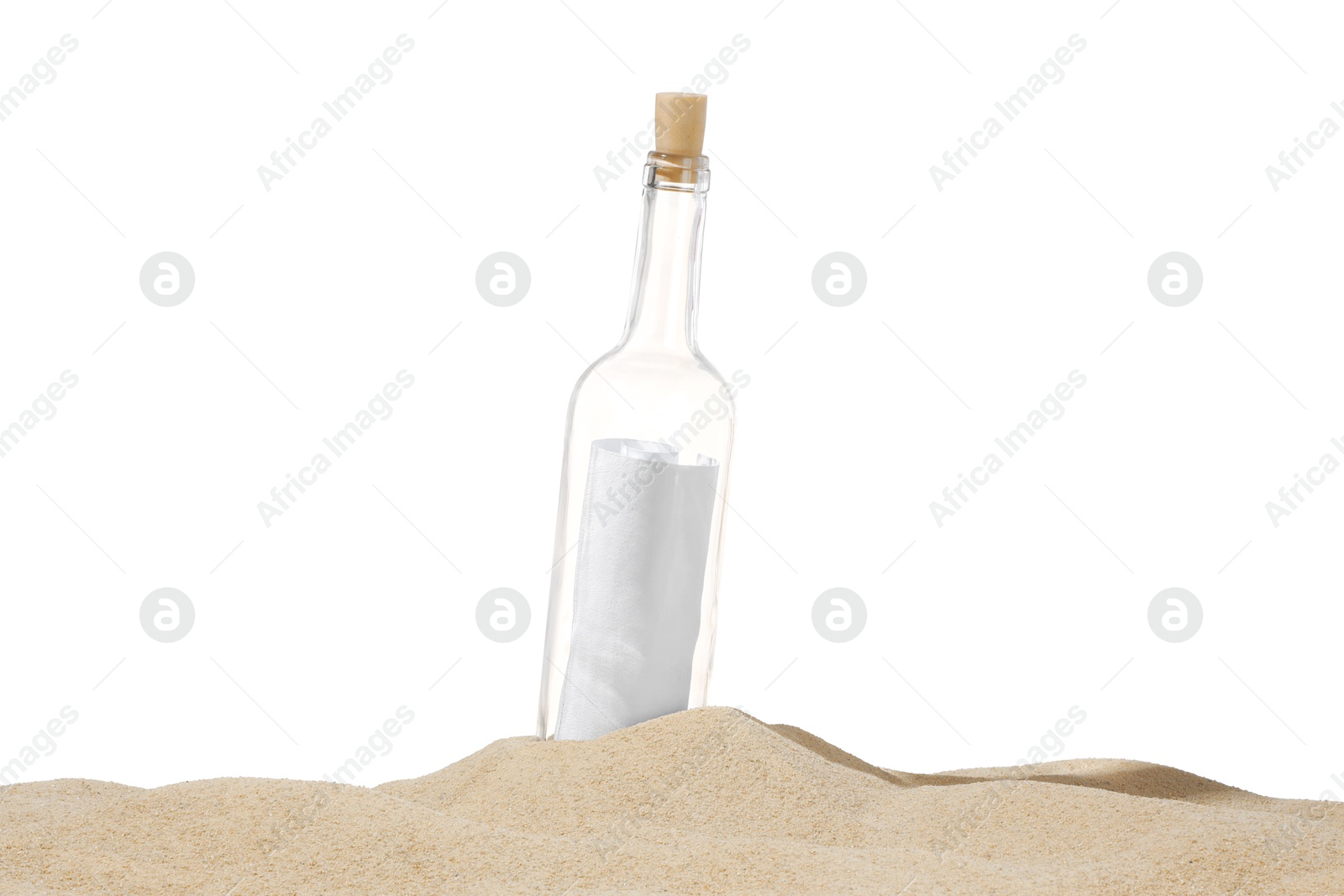 Photo of Rolled letter in corked glass bottle on sand against white background