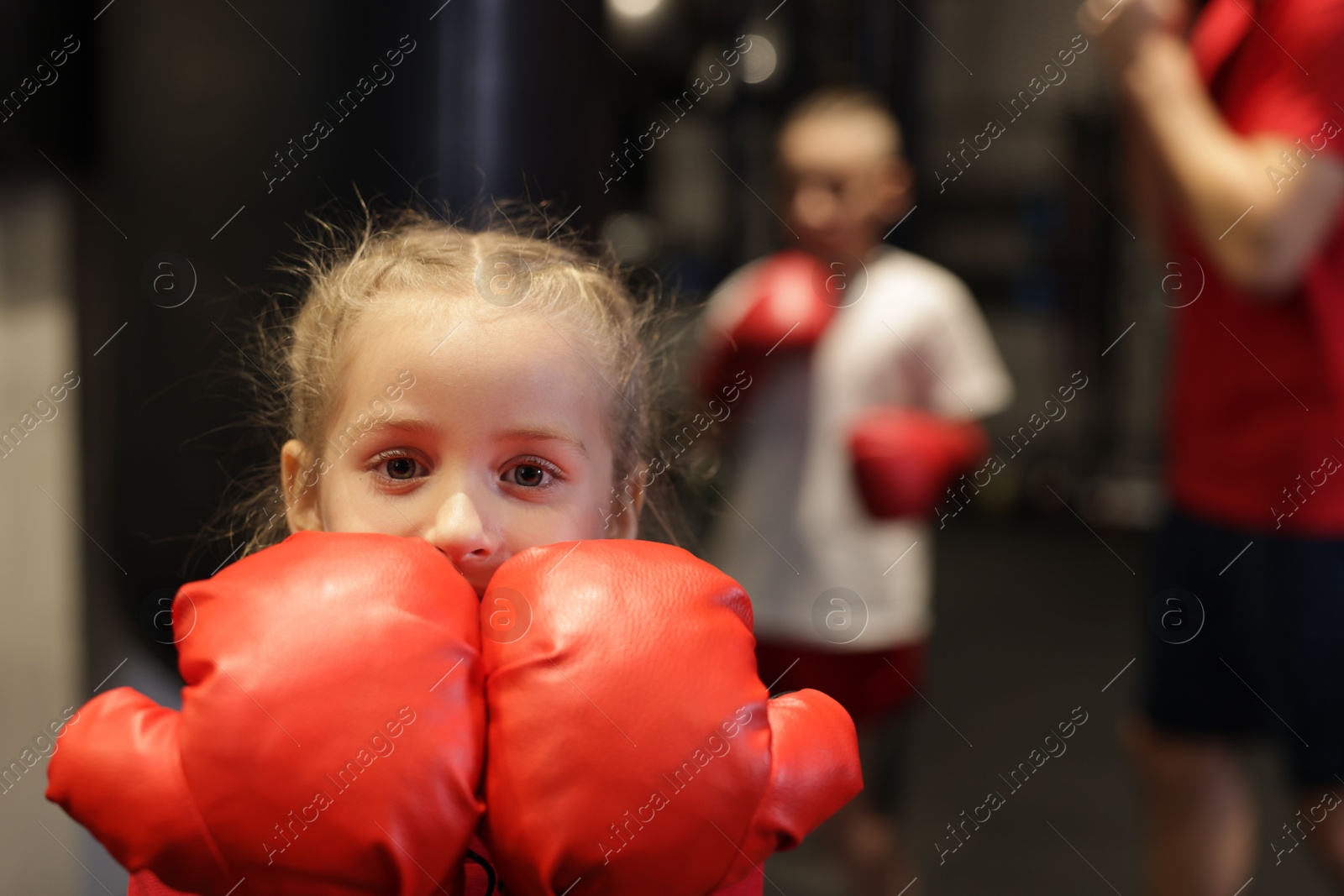 Photo of Girl in protective gloves during boxing practice at training center