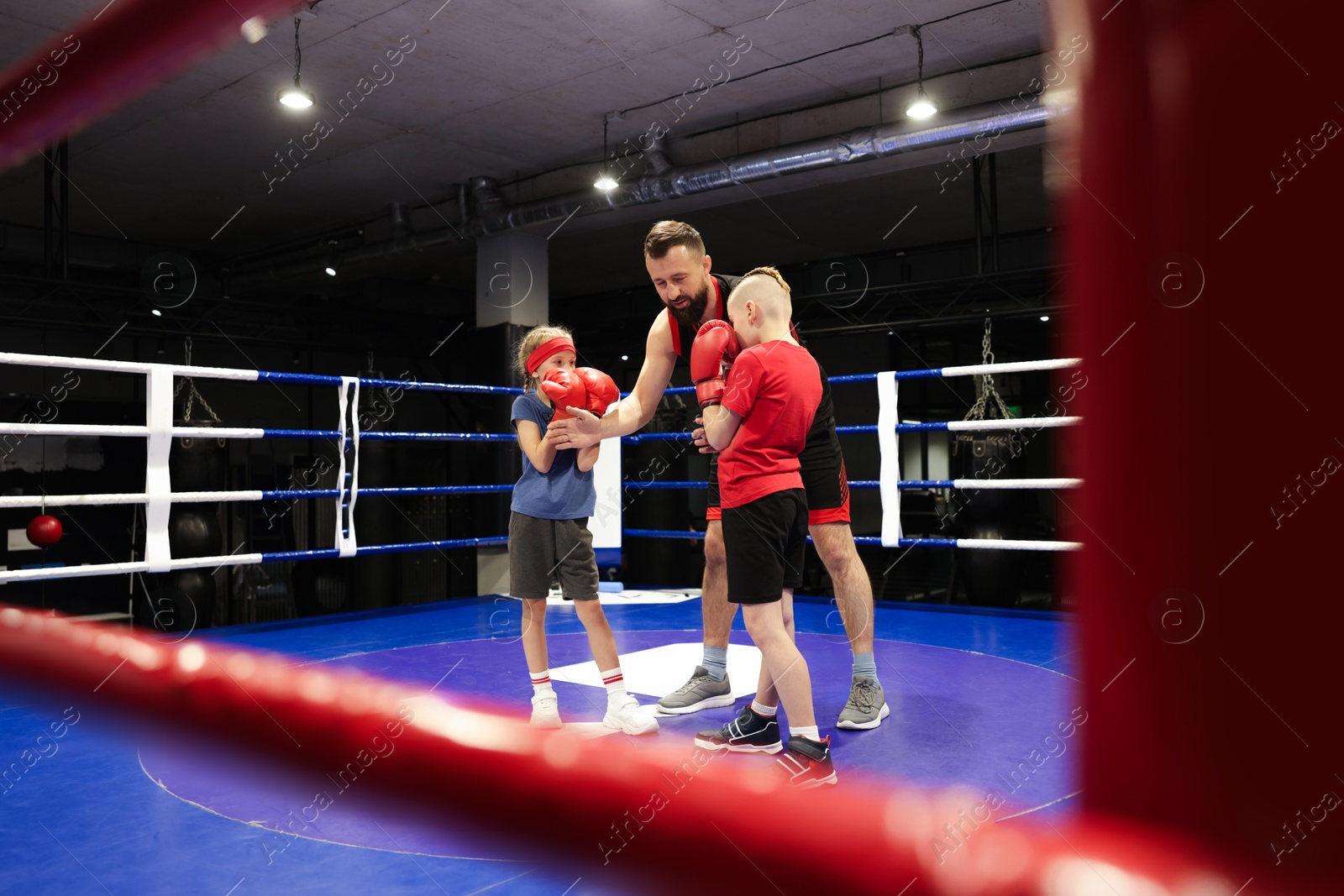 Photo of Children practicing fight on boxing ring under their coach supervision