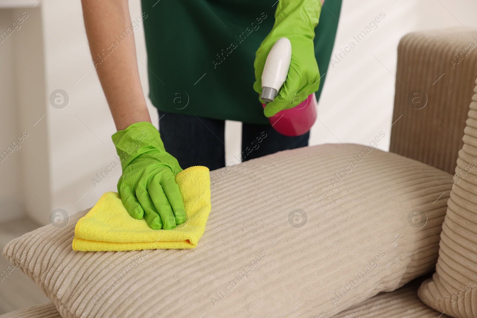 Photo of Janitor cleaning sofa with rag at home, closeup