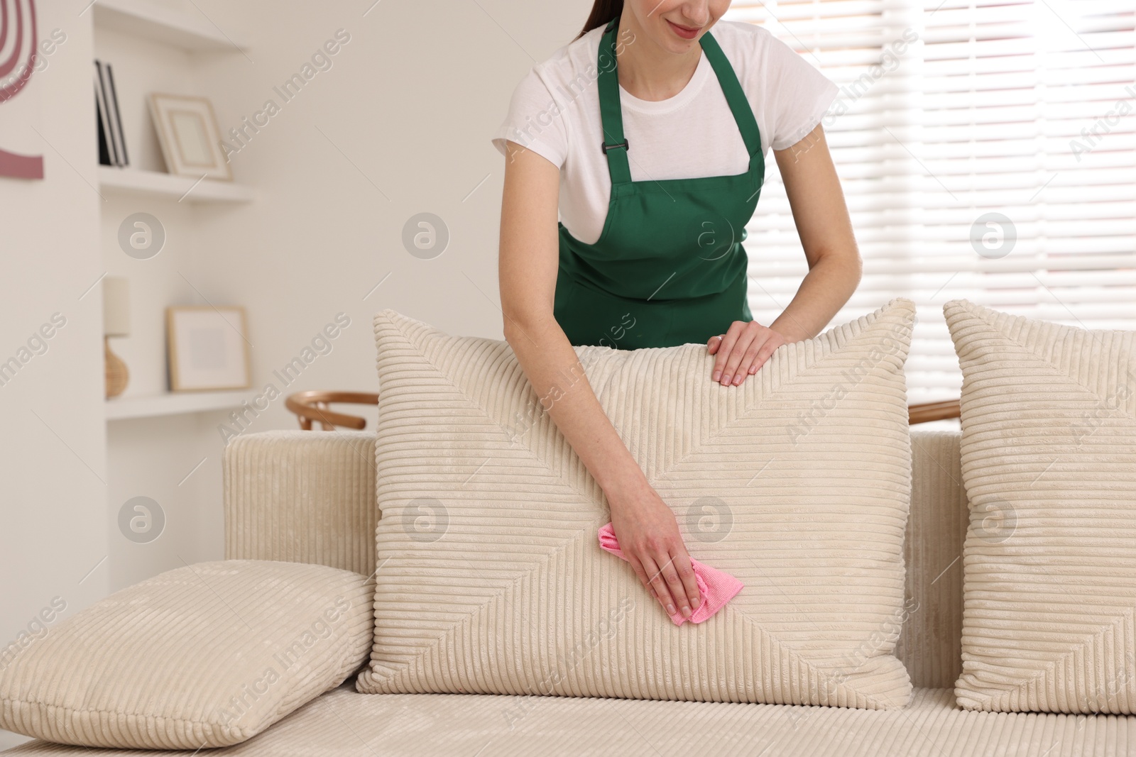 Photo of Janitor cleaning sofa with rag at home, closeup