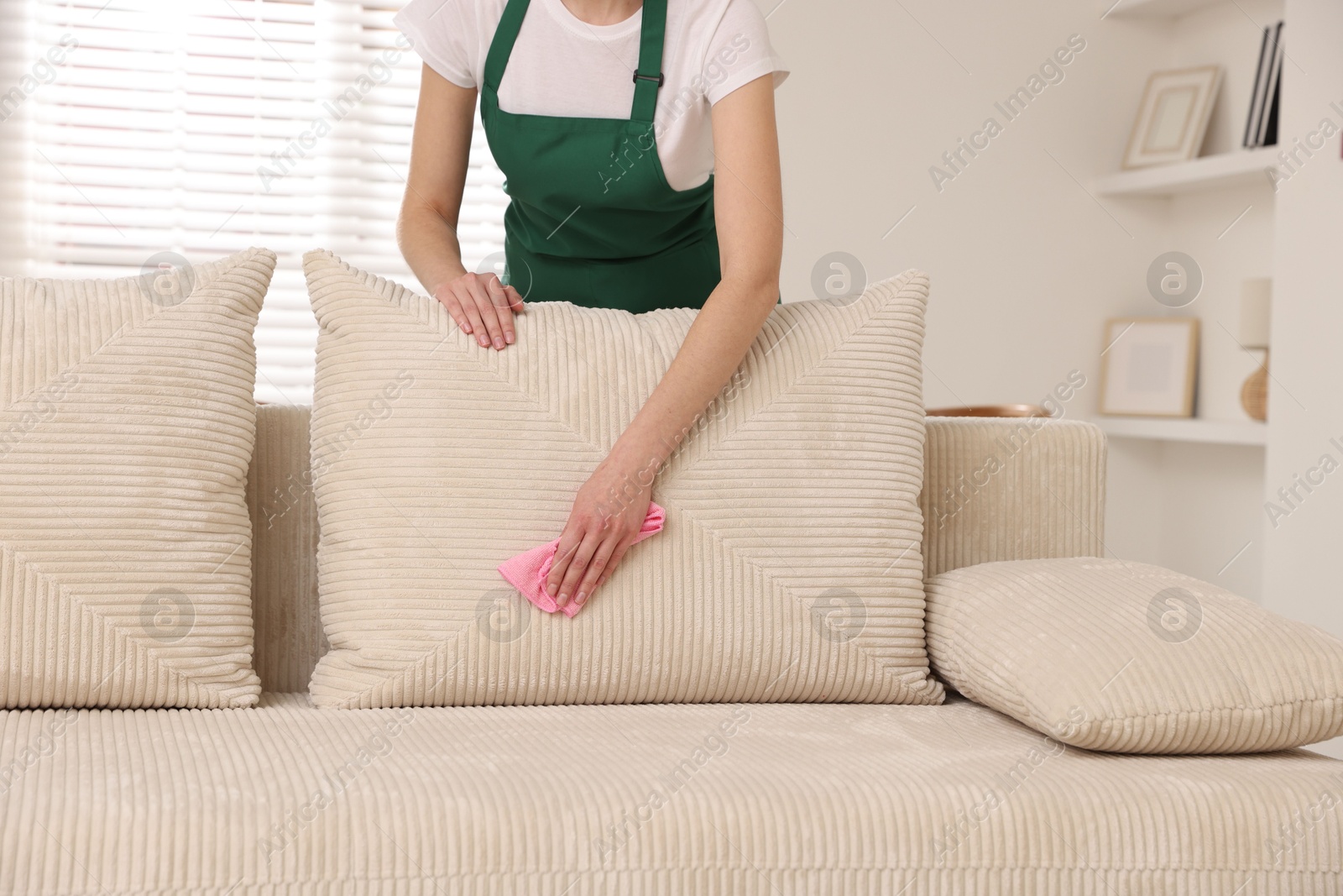 Photo of Janitor cleaning sofa with rag at home, closeup