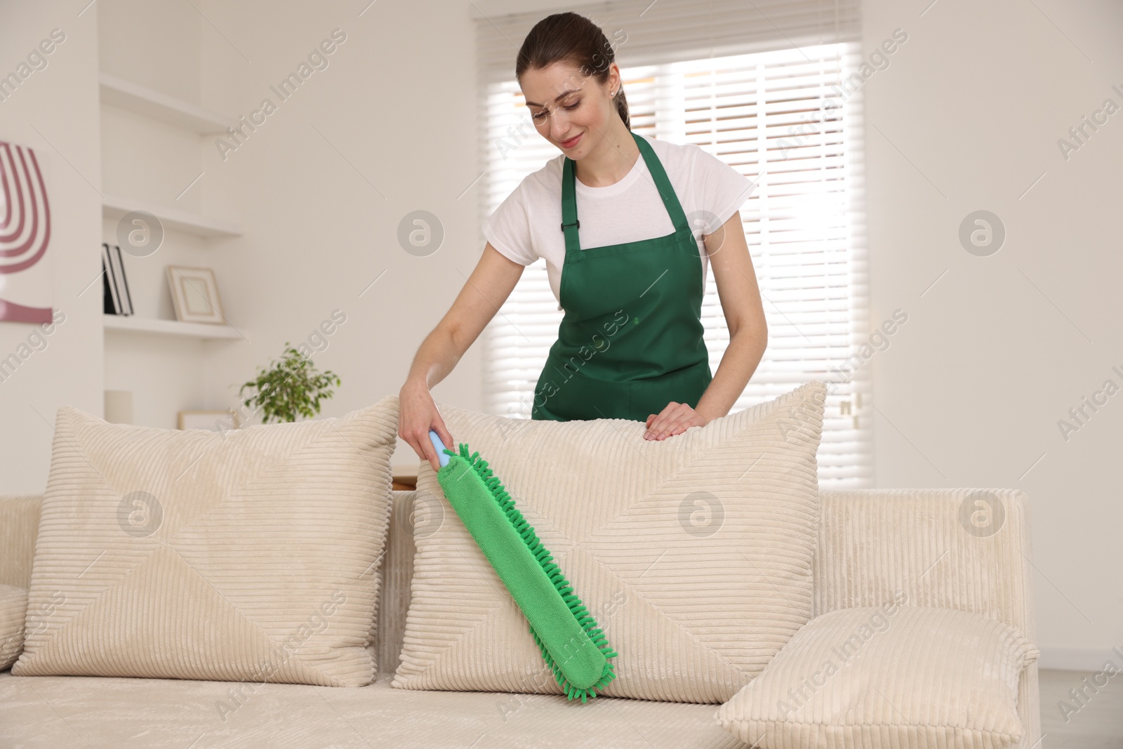 Photo of Janitor cleaning sofa with duster at home