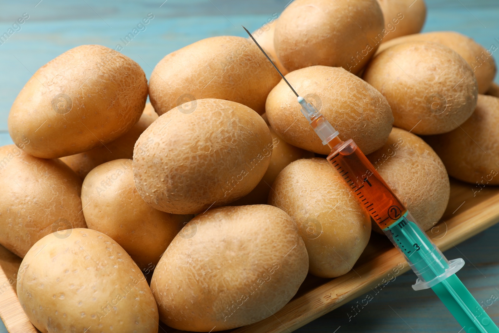 Photo of GMO concept. Potatoes and syringe with liquid on light blue wooden table, closeup