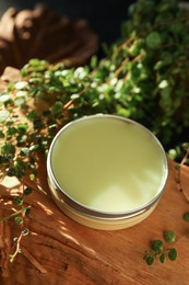 Photo of Natural solid perfume and plant on wood, closeup