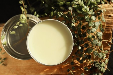 Photo of Natural solid perfume and plant on wood, top view