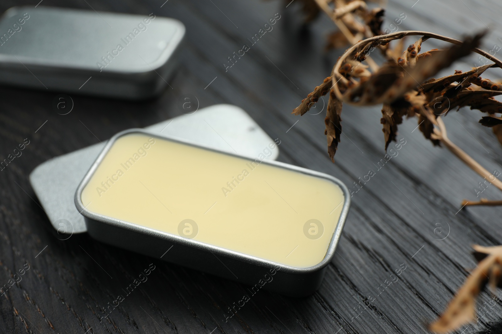 Photo of Natural solid perfume and dry branch on black wooden table, closeup