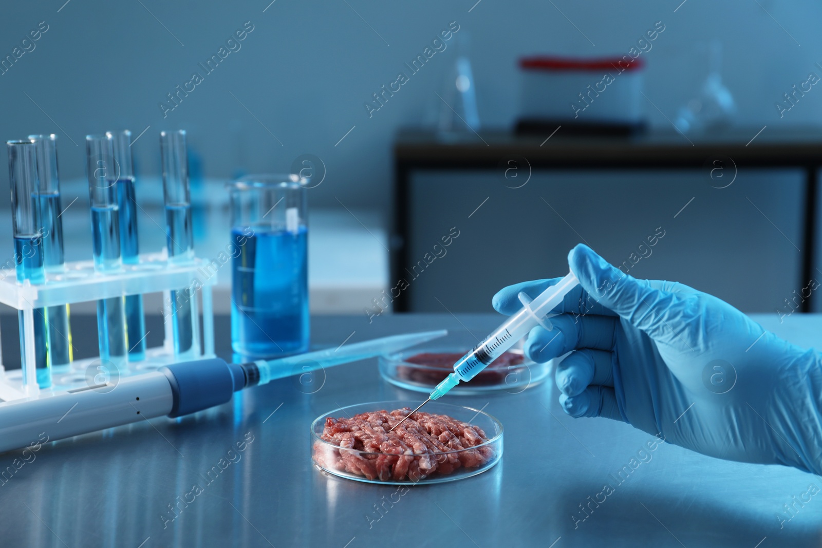 Photo of GMO concept. Scientist injecting something into minced meat at table in laboratory, closeup