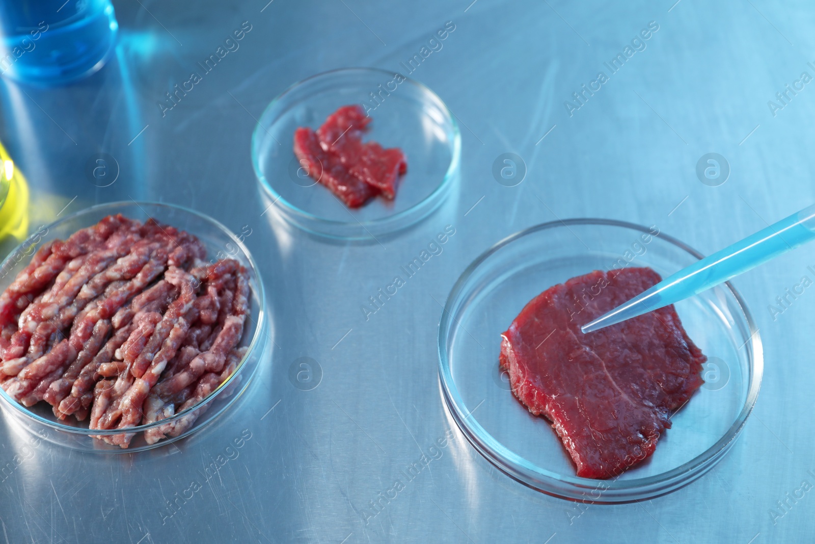 Photo of GMO concept. Dripping something onto piece of meat at table, closeup