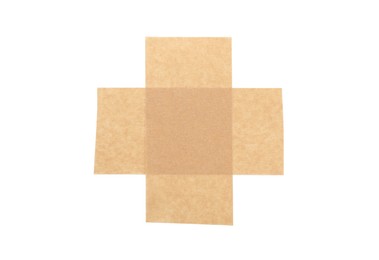 Photo of Cross made with masking tape isolated on white, top view