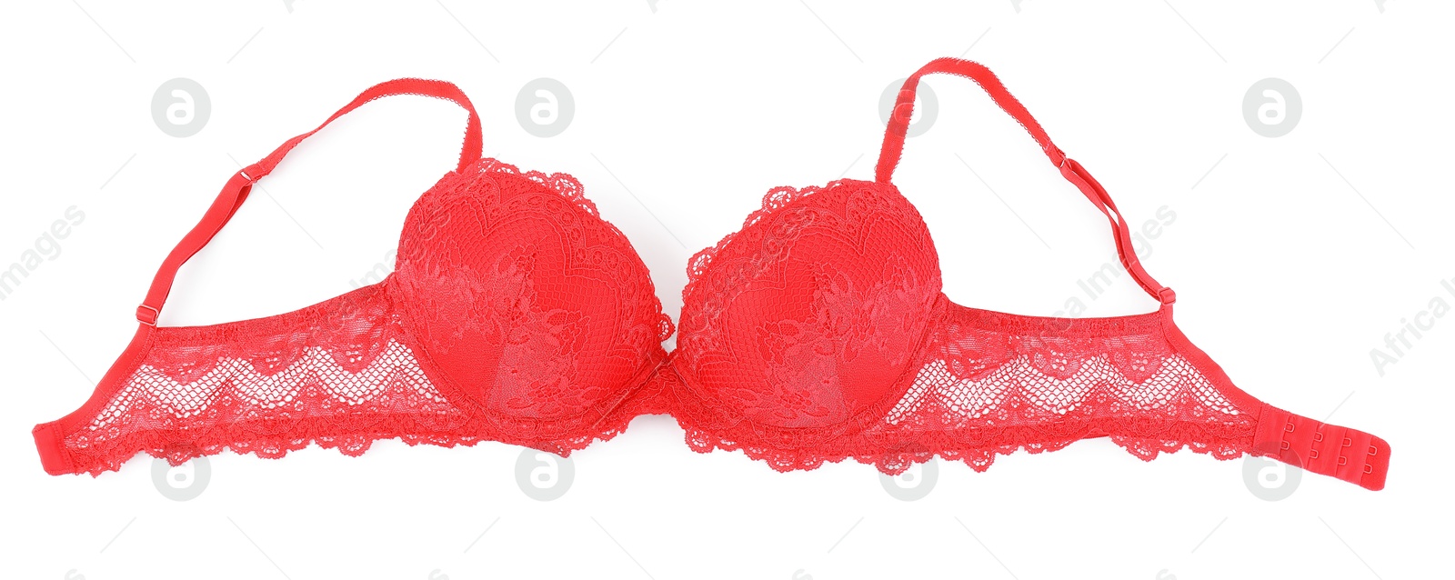 Photo of Beautiful red bra isolated on white, top view