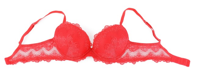 Photo of Beautiful red bra isolated on white, top view