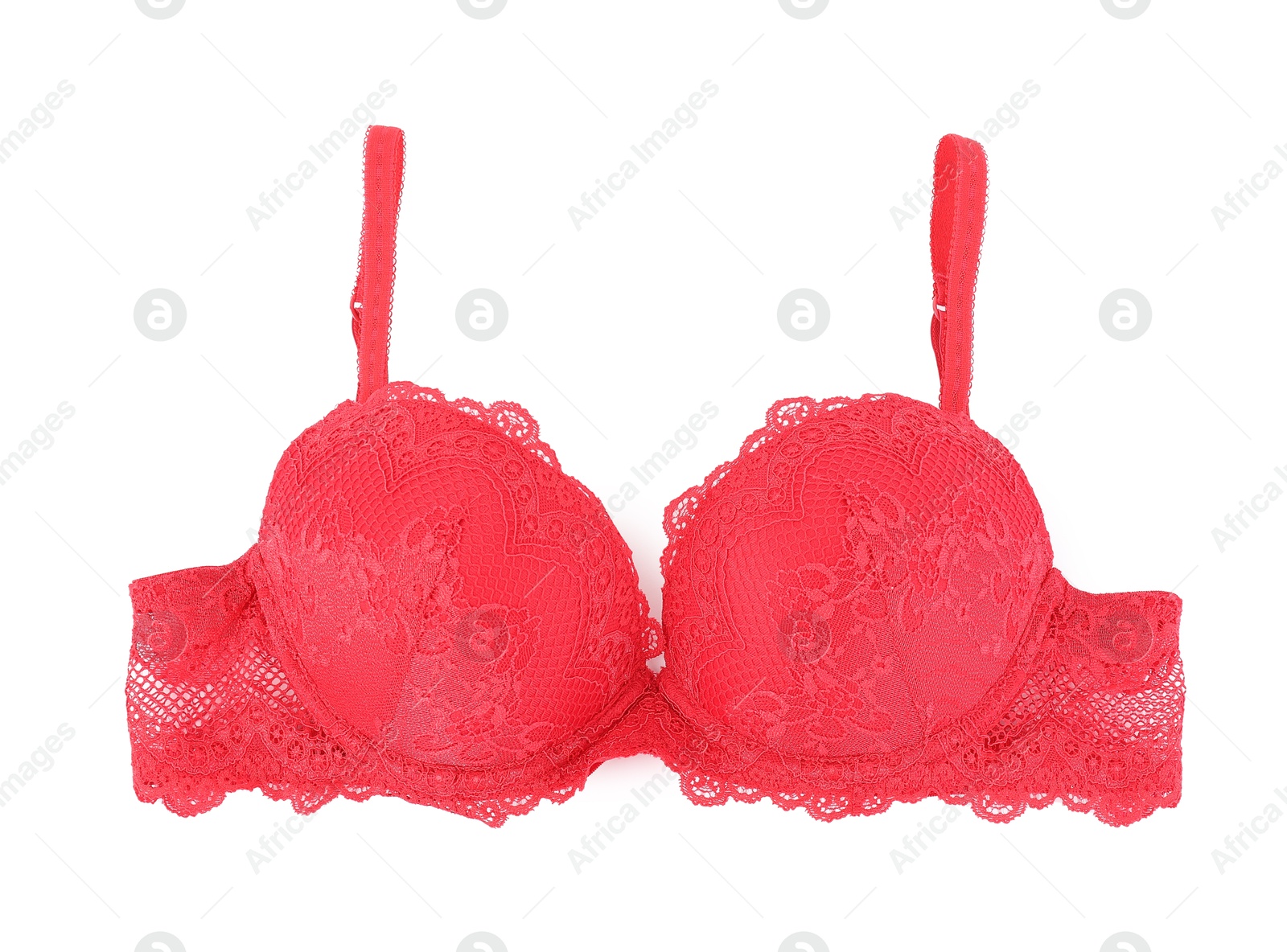 Photo of Beautiful red bra isolated on white, top view