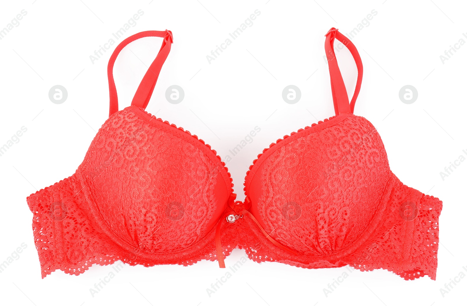 Photo of Beautiful red bra isolated on white, top view