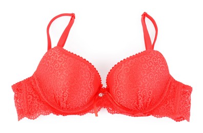 Photo of Beautiful red bra isolated on white, top view