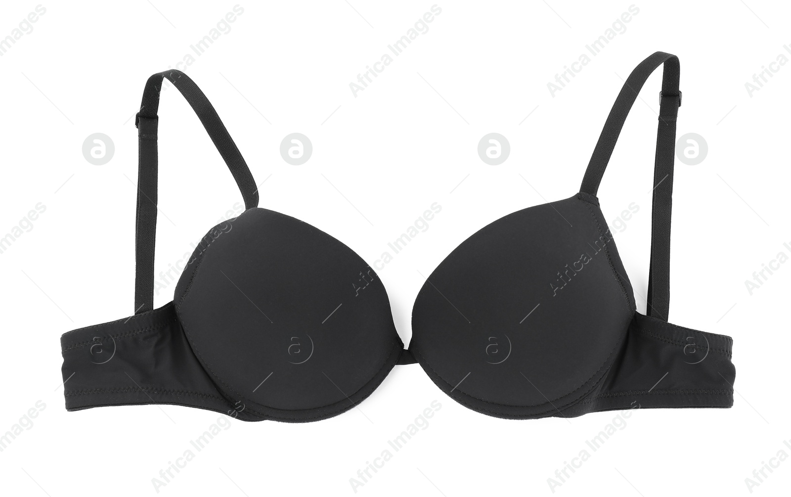 Photo of Beautiful black bra isolated on white, top view