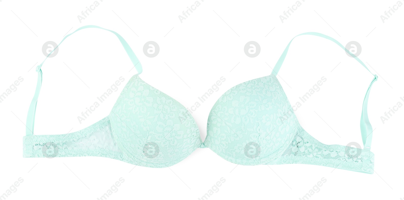 Photo of Beautiful turquoise bra isolated on white, top view