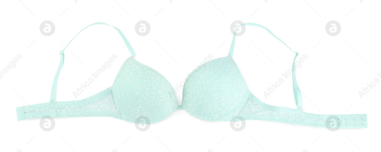 Photo of Beautiful turquoise bra isolated on white, top view