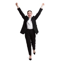 Photo of Business competition. Happy woman running on white background