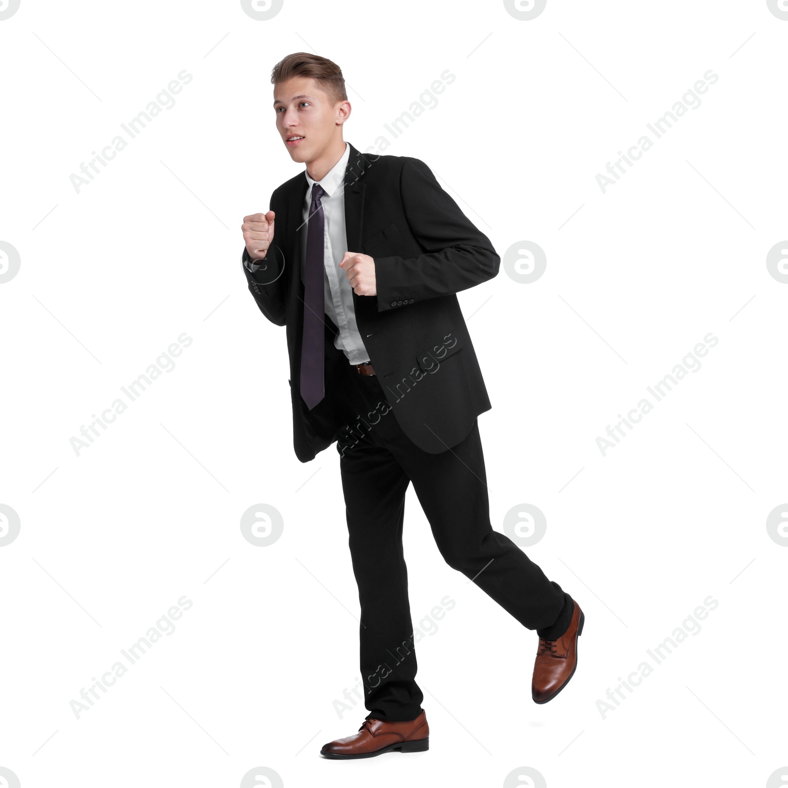 Photo of Business competition. Man running on white background