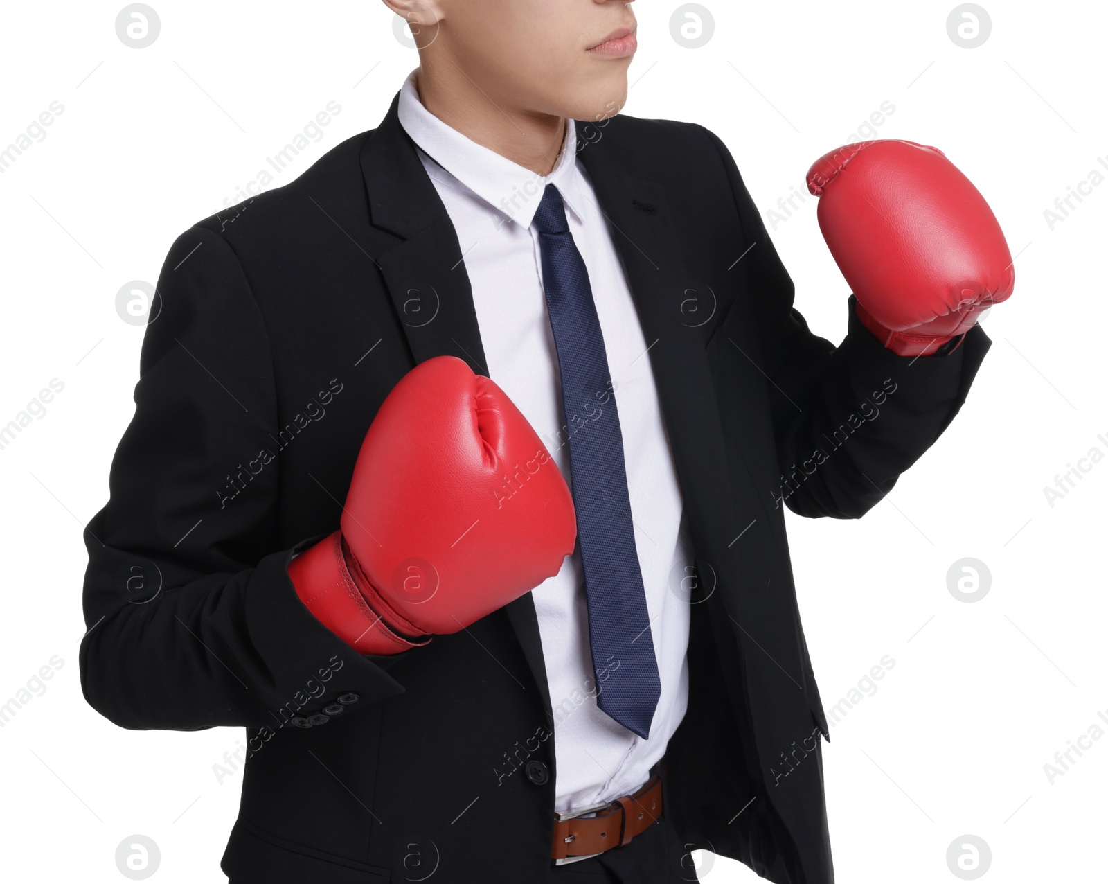 Photo of Competition. Businessman in suit wearing boxing gloves on white background, closeup