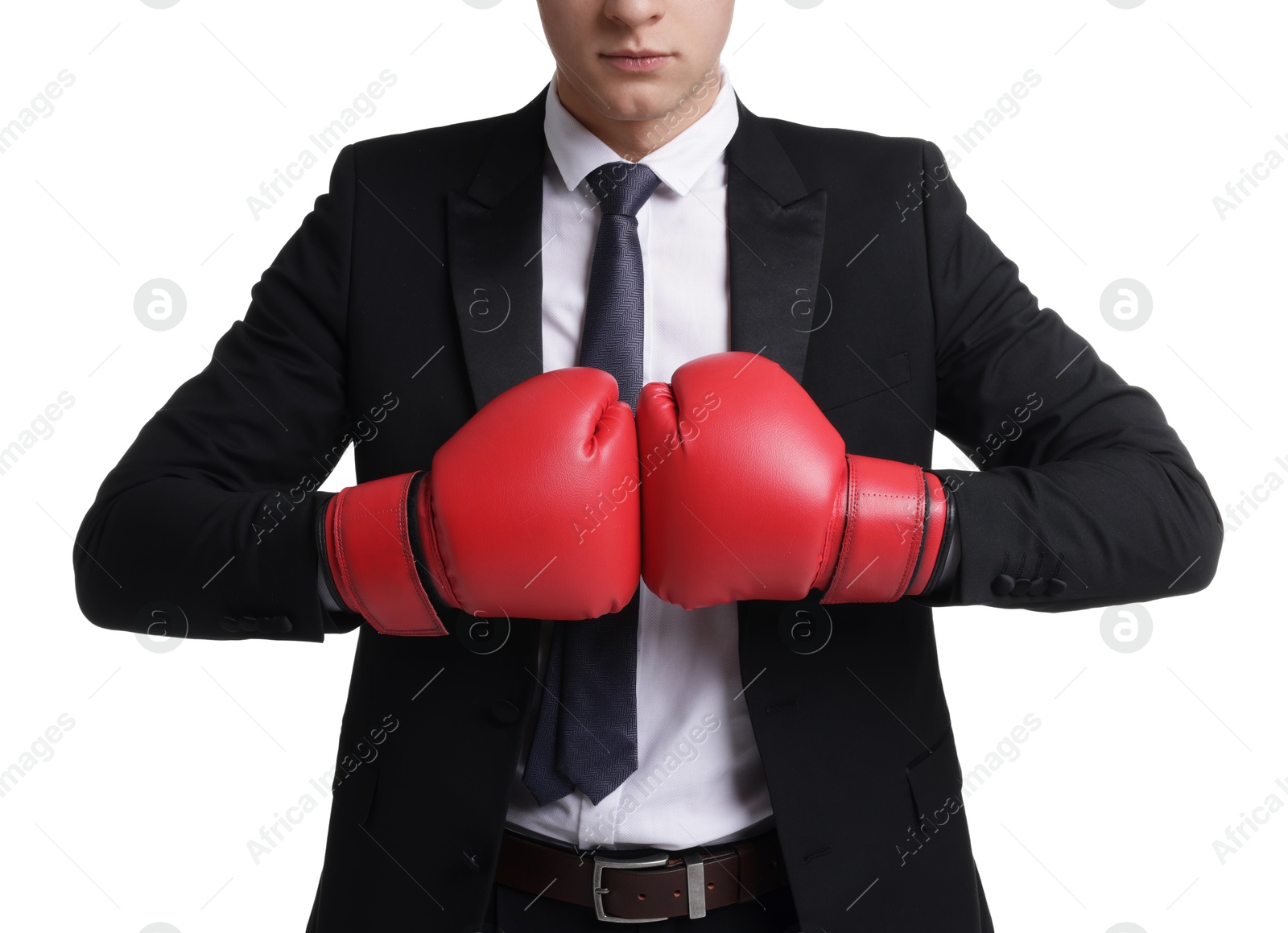 Photo of Competition. Businessman in suit wearing boxing gloves on white background, closeup